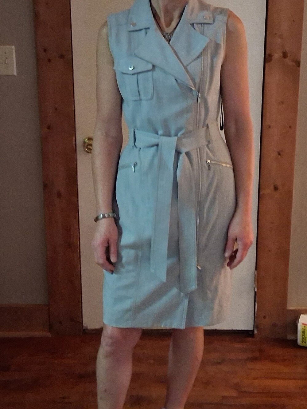 Calvin Klein Collection Sleeveless Light Gray Belted Midi Dress